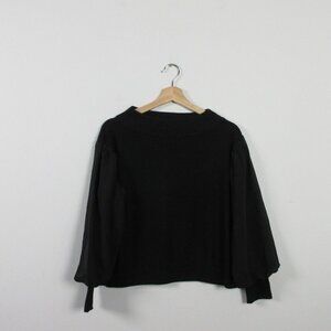 Club Monaco Womens Merino Wool Satin Top Blouse Sweater Black Bubble XS 306